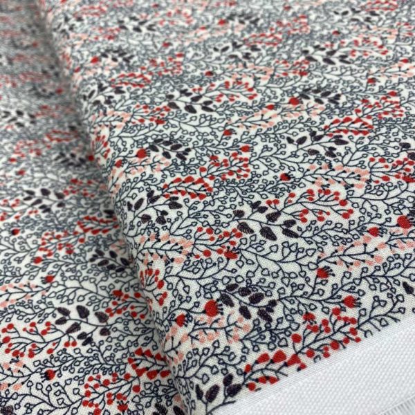Algodón popelín de algodón ORGÁNICO para creatividades de patchwork con estampado de ramillete de flores en gris y rojo