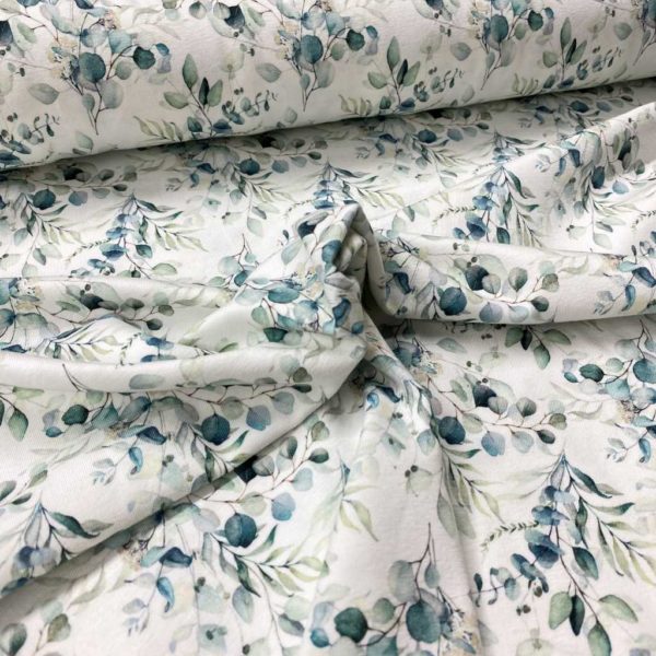 Tela de punto de camiseta de algodón orgánico tipo Jersey estampado con ramo de flores y hojas de eucaliptus