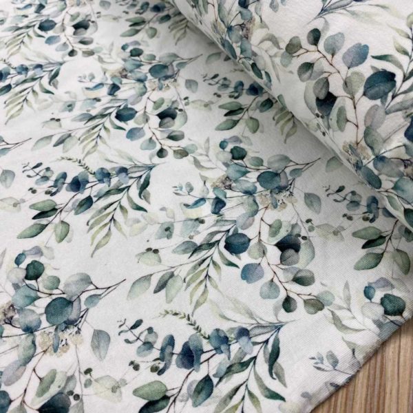 Tela de punto de camiseta de algodón orgánico tipo Jersey estampado con ramo de flores y hojas de eucaliptus