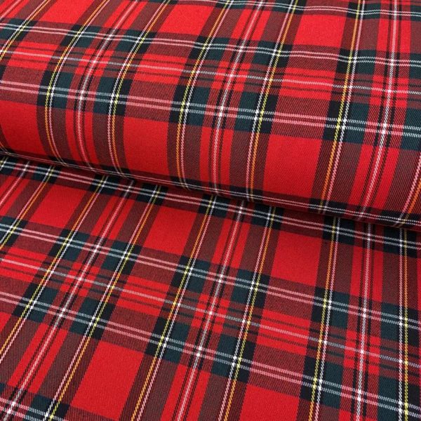 Tela de cuadro escocés muy suave y agradable. De poliéster, viscosa y elastán, con cuadros en color rojo y negro.