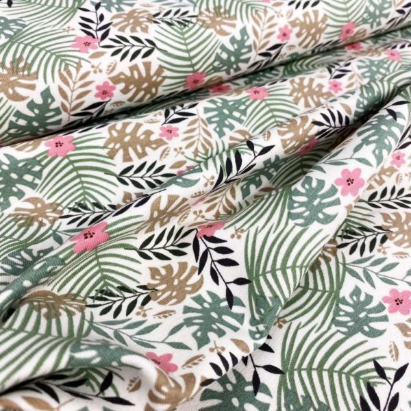 Tela de punto de camiseta de algodón orgánico tipo Jersey estampado primaveral hojas de la selva tonos verdes