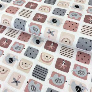 Tela de punto de camiseta de algodón orgánico tipo Jersey estampado con ventanas con animales en tonos rosas