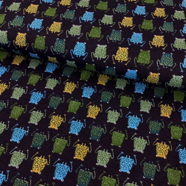 Tela de punto de camiseta de algodón orgánico tipo Jersey estampado con ranas de colores fondo azul navy