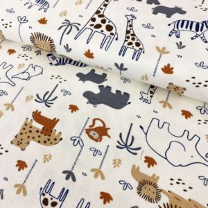 Tela de punto de camiseta de algodón orgánico tipo Jersey estampado con animales de la sabana fondo crudo