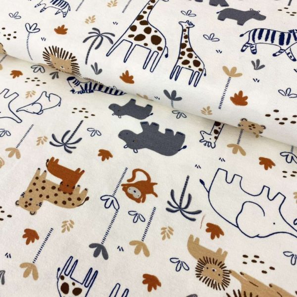 Tela de punto de camiseta de algodón orgánico tipo Jersey estampado con animales de la sabana fondo crudo