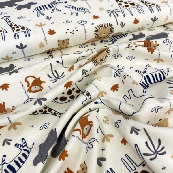 Tela de punto de camiseta de algodón orgánico tipo Jersey estampado con animales de la sabana fondo crudo