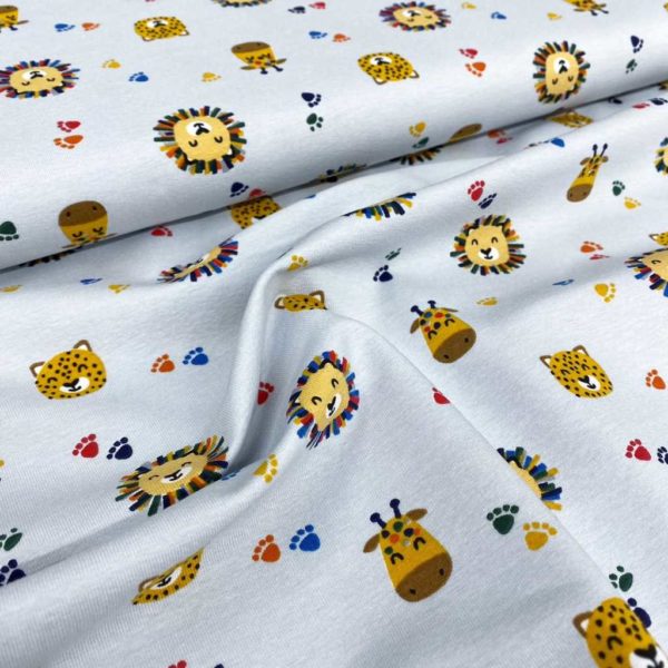 Tela de punto de camiseta de algodón orgánico tipo Jersey estampado con tigres, leones y jirafas