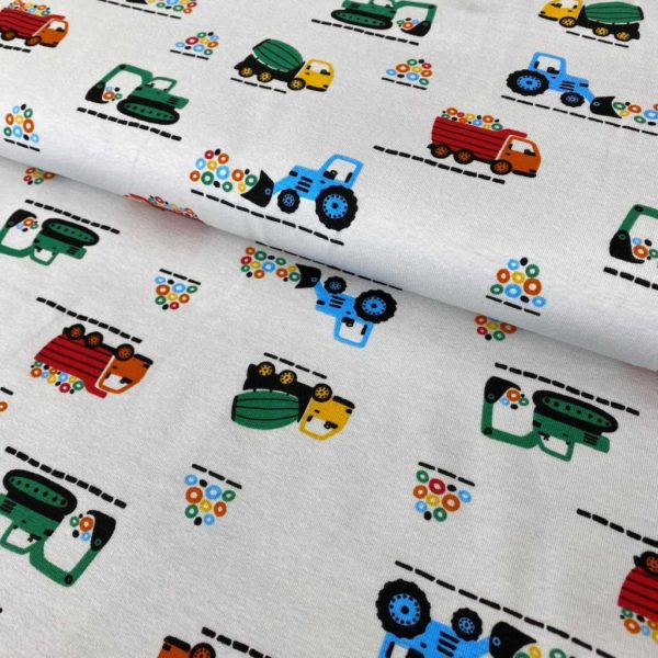 Tela de punto de camiseta de algodón orgánico tipo Jersey estampado con tractores, camiones y excavadoras fondo gris