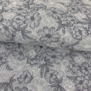 Tela de muselina o tela de doble gasa, algodón 100x100. Tejido con estampado de flores de cerezo fondo gris