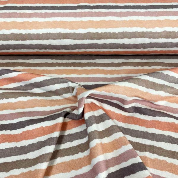 Tela de punto de camiseta de algodón orgánico tipo Jersey estampado con rallas asimétricas en tonos pastel
