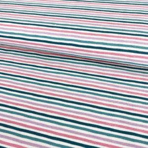 Tela de punto de camiseta de algodón orgánico tipo Jersey estampado con rallas en tonos verdes, rosas y lilas fondo bkanco roto