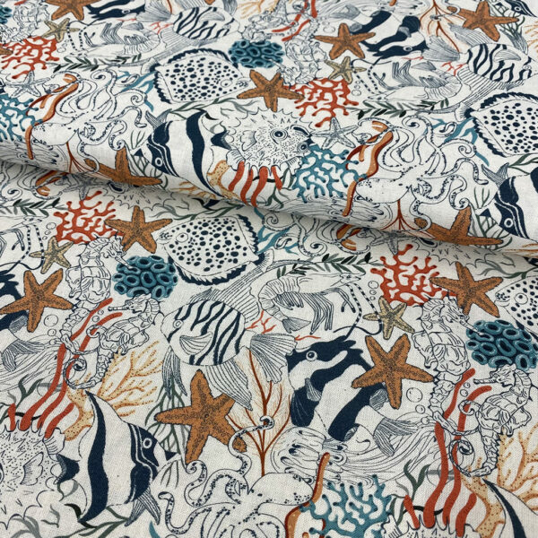 Algodón popelín de algodón 100% ORGÁNICO para creatividades de patchwork con estampado marino animales del océano.