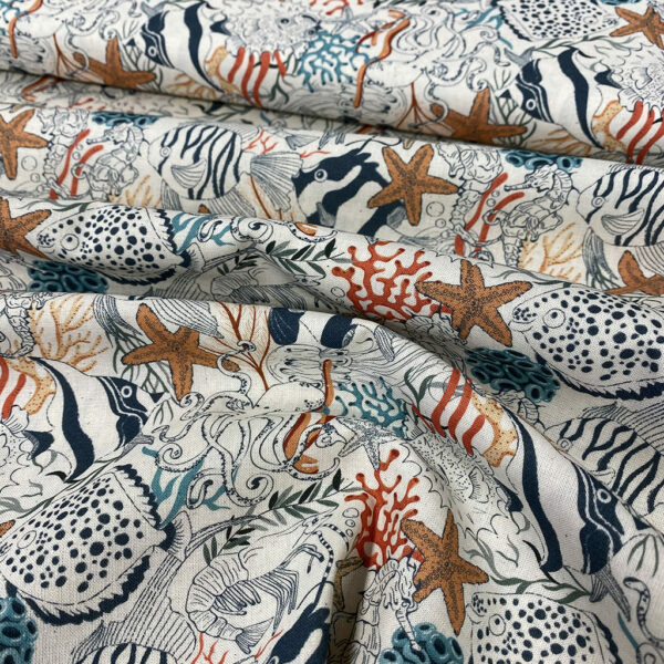 Algodón popelín de algodón 100% ORGÁNICO para creatividades de patchwork con estampado marino animales del océano.