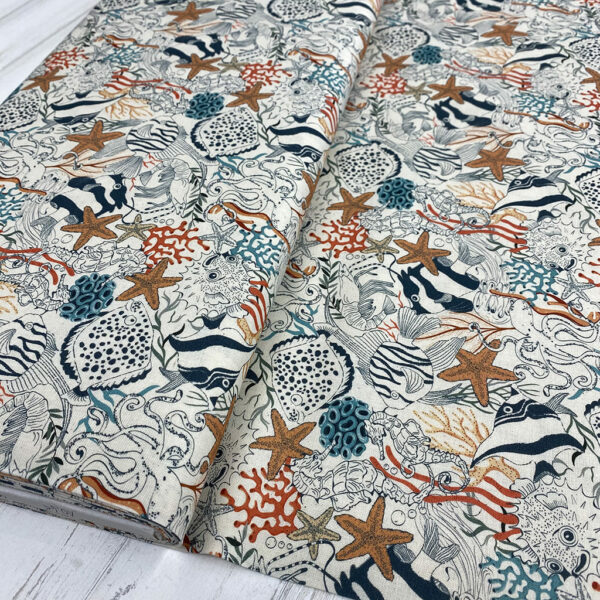 Algodón popelín de algodón 100% ORGÁNICO para creatividades de patchwork con estampado marino animales del océano.