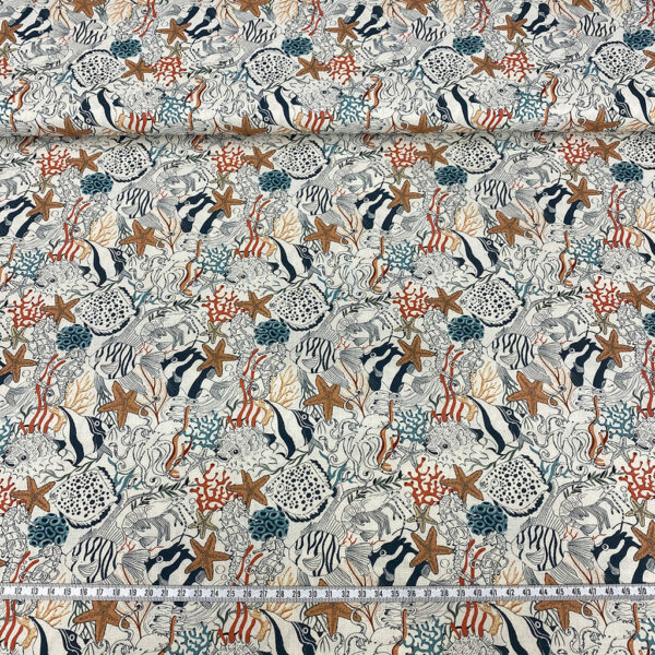 Algodón popelín de algodón 100% ORGÁNICO para creatividades de patchwork con estampado marino animales del océano.