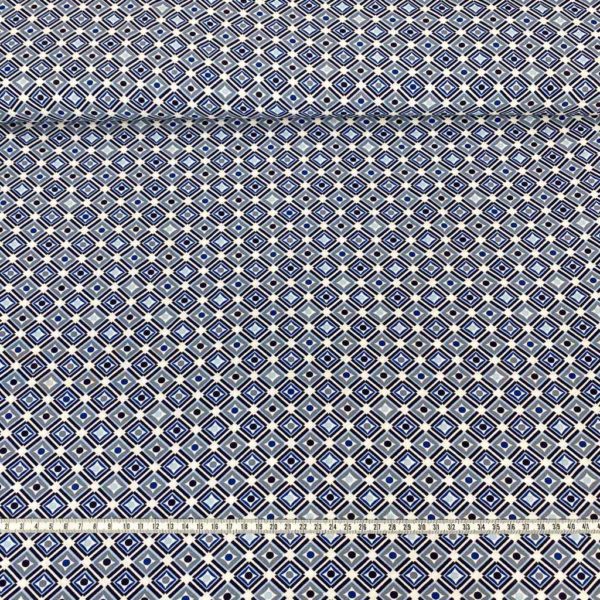 Tela de vestir de viscosa 100% estampado patrón de rombos en tonos azules