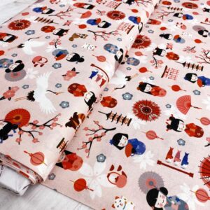 Algodón popelín de algodón 100% para creatividades de patchwork con estampado de mujeres japonesas tipo geishas con fondo rosa