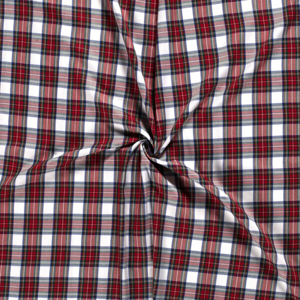 Tela de cuadro escocés muy suave y agradable. De poliéster y viscosa. Con cuadros en color blanco y rojo.