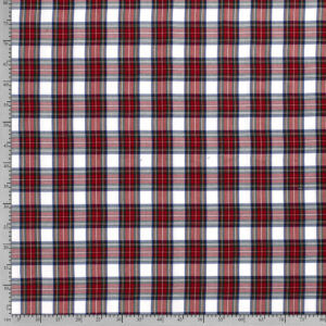 Tela de cuadro escocés muy suave y agradable. De poliéster y viscosa. Con cuadros en color blanco y rojo.