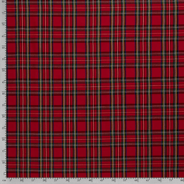 Tela de cuadro escocés muy suave y agradable. De poliéster y viscosa. Con cuadros en color rojo.