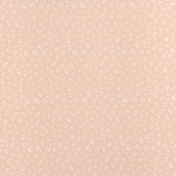 Tela de muselina o tela de doble gasa, algodón 100x100. Tejido con estampado de manchas tipo animal print en blanco fondo salmón rosado