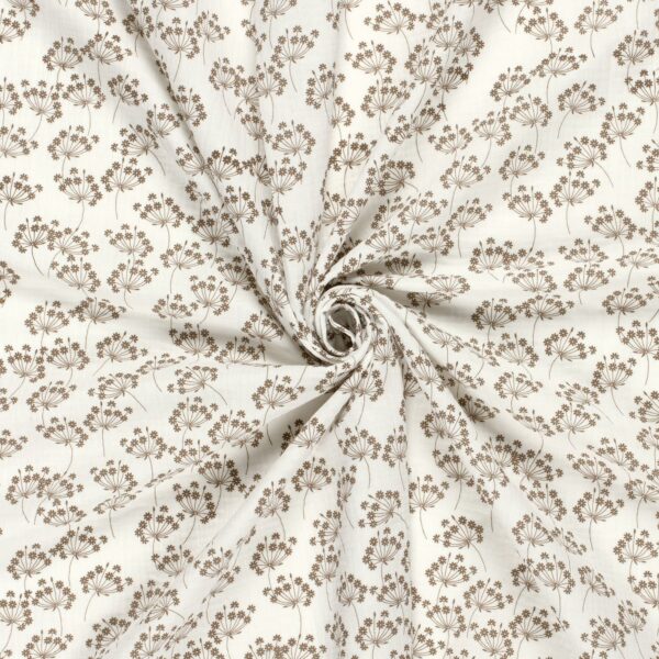 Tela de muselina o tela de doble gasa, algodón 100x100. Tejido con estampado con flores de diente de león fondo blanco.