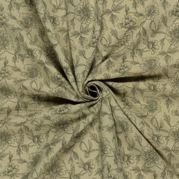 Tela de muselina o tela de doble gasa, algodón 100x100. Tejido con estampado con flores en negro y fondo color verde oliva.