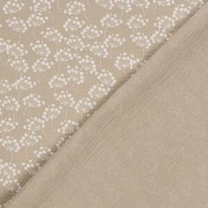 Tela de muselina o tela de doble gasa, algodón 100x100. Tejido con estampado con flores de diente de león fondo taupé.