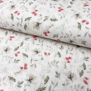 Tela de muselina o tela de doble gasa, algodón 100x100. Tejido con estampado digital con flores de primavera fondo blanco.