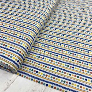 Tela de algodón estampada con bolitas de colores fondo blanco. Tela de algodón tipo popelín para todo tipo de creatividades de Patchwork, manualidades o confecciones creativas.