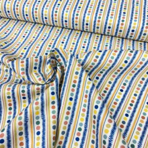 Tela de algodón estampada con bolitas de colores fondo blanco. Tela de algodón tipo popelín para todo tipo de creatividades de Patchwork, manualidades o confecciones creativas.