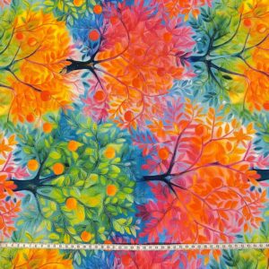 Loneta con estampado de árboles con colores muy vivos. Tejido muy versátil y resistente. Ideal para todo tipo de manualidades.