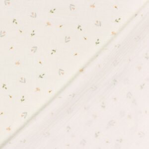 Tela de muselina o doble gasa de algodón estampado con florecitas silvestres. Tejido de algodón muy suave y ligero. Textura rugosa y transiprable. Ideal para confecciones del hogar o infantiles.