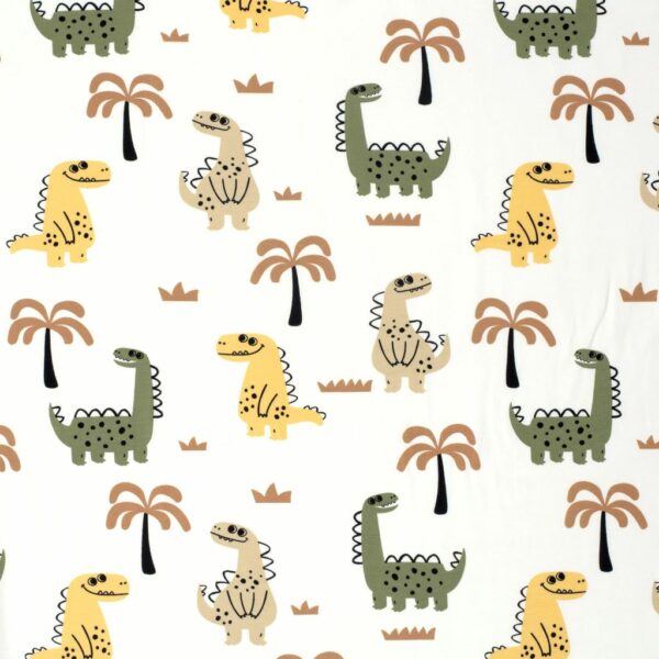 Tela de punto de camiseta de algodón orgánico. Tipo Jersey estampado con dinosaurios en color amarillo, verde y beige fondo blanco roto.