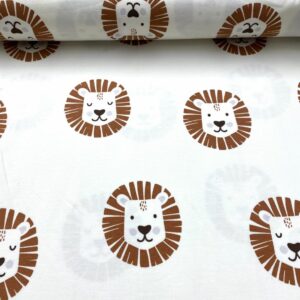 Tela de punto de camiseta de algodón orgánico. Tipo Jersey estampado con leones marrones fondo blanco roto