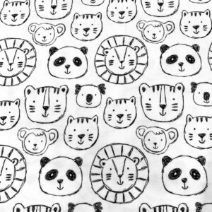 Tela de punto de camiseta de algodón orgánico. Tipo Jersey estampado con pandas y leones fondo blanco roto