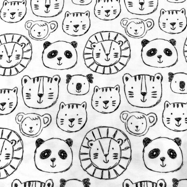 Tela de punto de camiseta de algodón orgánico. Tipo Jersey estampado con pandas y leones fondo blanco roto