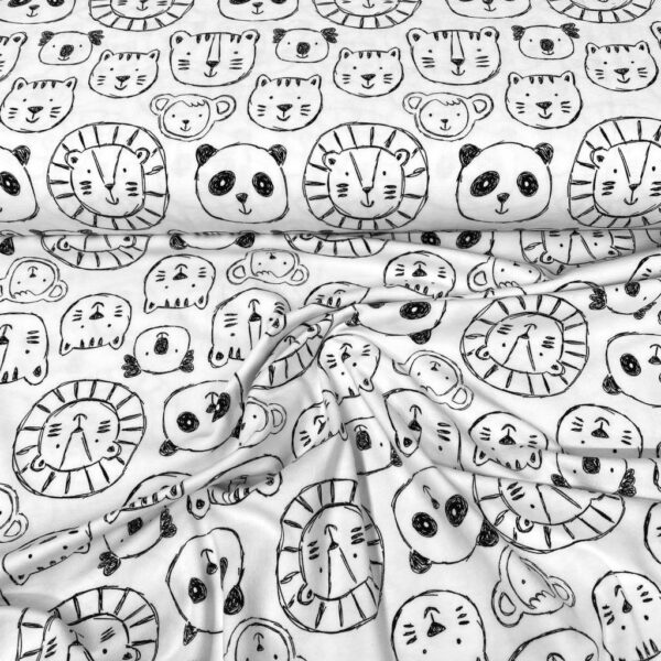 Tela de punto de camiseta de algodón orgánico. Tipo Jersey estampado con pandas y leones fondo blanco roto