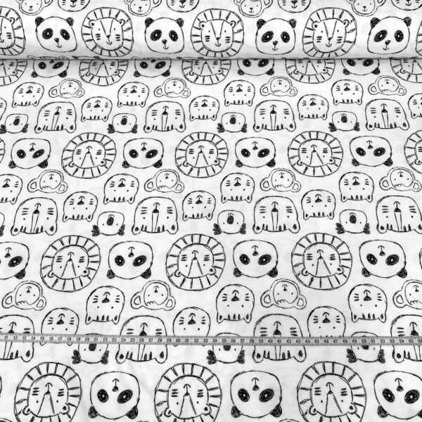 Tela de punto de camiseta de algodón orgánico. Tipo Jersey estampado con pandas y leones fondo blanco roto
