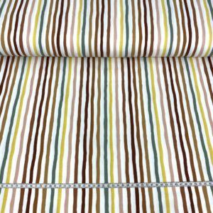 Tela de punto de camiseta de algodón orgánico. Tipo Jersey estampado con rallas en color tostado fondo blanco roto