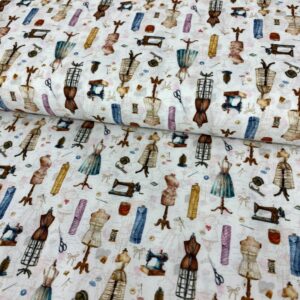 Alto valor decorativo con diseño de costureras y utensilios de costura en algodón de calidad.