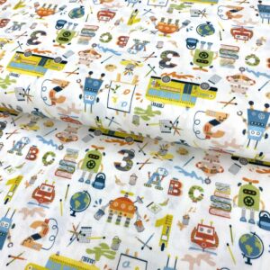 Tela infantil con robots, libros y elementos educativos en colores vivos y divertidos.