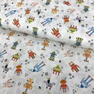 Robotitos de algodón en tela con diseño infantil para proyectos creativos.