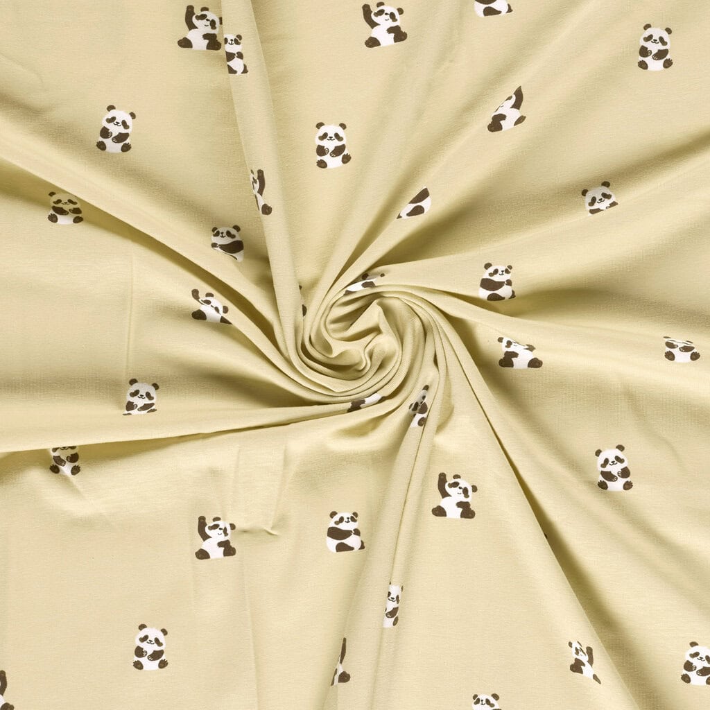 Pañuelo de seda con estampado de pandas en color beige, ideal para accesorios de moda y complementos.