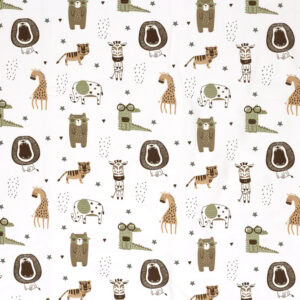 Cinta decorativa infantil con animales de safari, elefantes, jirafas y árboles en tonos suaves y cál.